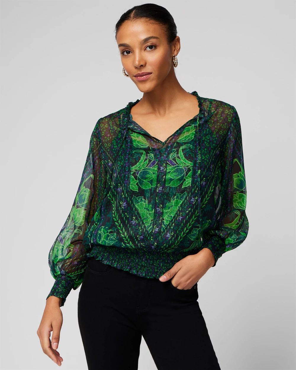 マーレ Long Sleeve Mixed Print Lurex Blouse | White House Black Market